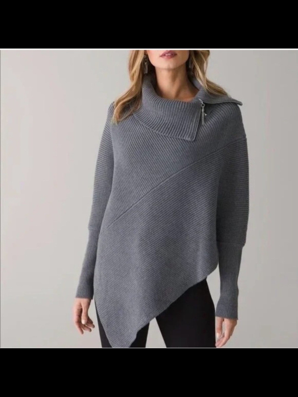 White House Black Market Gray Asymmetrical Ribbed Funnel-Neck Sweater